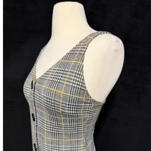 Grey‎ Yellow Plaid Button Front Mini Dress Sleeveless V-Neck A-Line Pinafore thumbnail 3