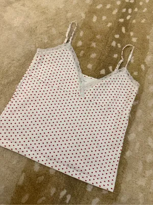 Brandy Melville Red Heart Print Lace Trim Cami Tank Top Cotton Made in Italy thumbnail 3