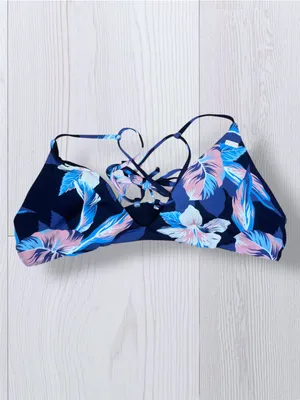 ROXY Women’s Tropical Floral Bikini Top Navy Blue Pink Bralette Criss Cross Back thumbnail 6