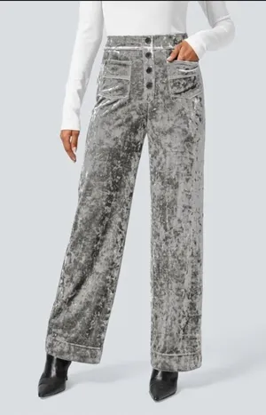Halara Velvet High Waisted Wide Straight Full Length Casual Pant Gray Size L NEW thumbnail 1