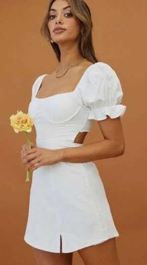 Here Comes the Sun NEW Norma Puff Sleeve Cutout Back Mini Dress White NWT thumbnail 3