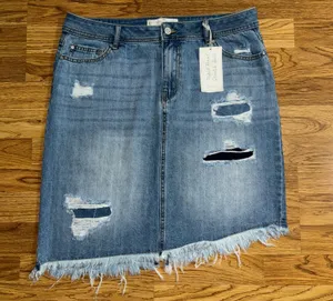 Cato est 1946 Denim Jean Skirt Raw Hem Patched Women's Size 12 Stretch Pockets thumbnail 1