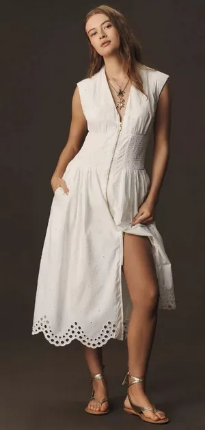 NWT Anthropologie Tommie Zip-Front Midi in White Eyelet-Trim Edition Dress S thumbnail 1