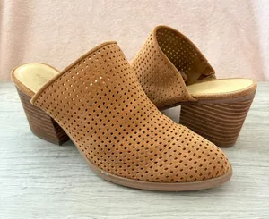 Marc Fisher Ripley Brown Suede Lasercut Perforated Stack 3" Block Heel Mule 8.5 thumbnail 1