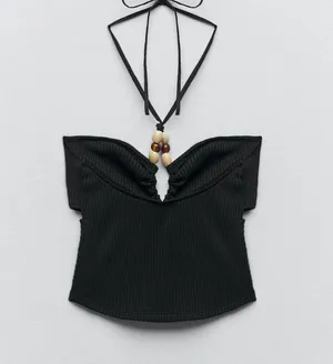 ZARA Black Ribbed Cut Out Crop Top With Beads thumbnail 9