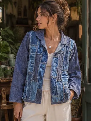 Handmade Patchwork Jacket Women L Blue Quilted Rag Style Artisan Boho Chore Coat thumbnail 1