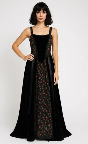 Late 80s Jeannie Nitro Gothic black velvet silk floral embroidered corset gown s thumbnail 1