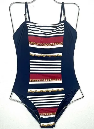 Vintage Jantzen 90's Blue Red Striped Gold Chain Swimsuit thumbnail 1