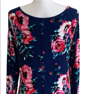 Dearcase Dress Blue Pink Floral Jersey Long Sleeve V-Neck Swing Dress Large NEW thumbnail 7