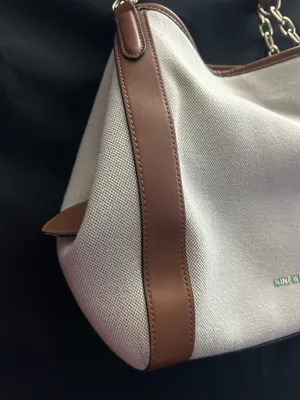 Nine West Cream Canvas Shoulder Tote Boho Bag with Brown Trim thumbnail 4