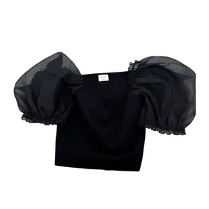 Wilfred‎ Aritzia Black Organza Puff Sleeve Square Neck Knit Top M thumbnail 2