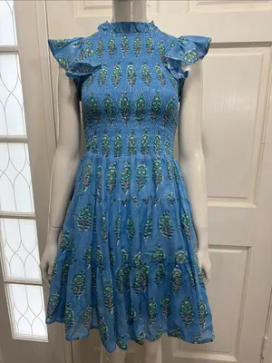 OLIPHANT 100% Cotton Smocked Flirty Ruffle Blue Block Print | Size Small thumbnail 3