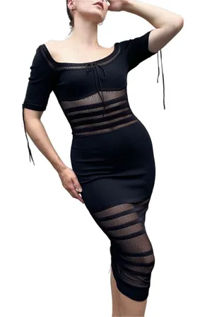House of CB Mila Black Stretch Knit Bodycon Midi Cocktail Dress Small thumbnail 1
