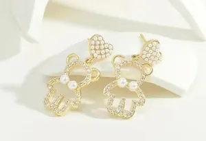 Rhinestone And Faux Pearl Decor Gold Plated Bear Drop Earrings Faux Fashion Jewe thumbnail 3