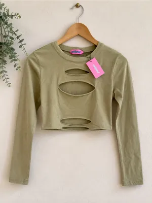 Edikted Olive Green Distressed Cutout Long Sleeve Crop Top Size M NW thumbnail 2