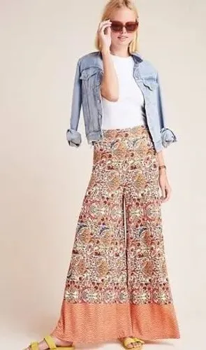 FARM Rio Amie Floral Wide-Leg Knit Pants Multicolor Anthropologie XS thumbnail 1