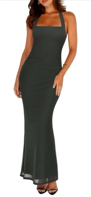 NEW Mesh Ruched Sheer Sleeveless Wedding Guest Bodycon Maxi Dress M thumbnail 1