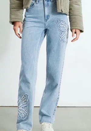 Pacsun 90’s Boyfriend Jeans Light Blue Embroidered Butterfly Patch Fairy Size 24 thumbnail 1