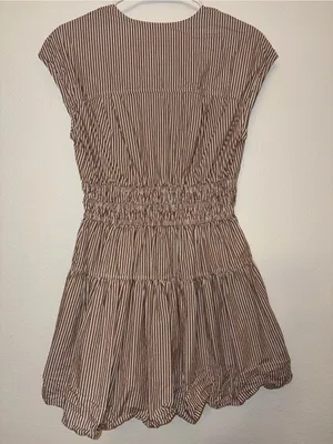 Nicole Miller Brown White Striped V-Neck Tiered Romper Dress Cap Sleeve Smocked thumbnail 2