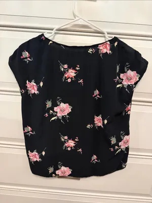 Abercrombie & Fitch Black V-Neck Blouse with Pink Floral Print thumbnail 2