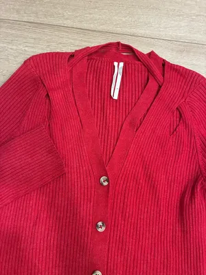 By Anthropologie Women’s V-neck Strappy Cardigan Sweater Red Ribbed Size S thumbnail 2