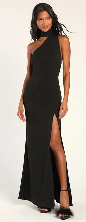 Lulus Keep It Interesting Black Asymmetrical Cutout Halter Dress Holiday Large thumbnail 1