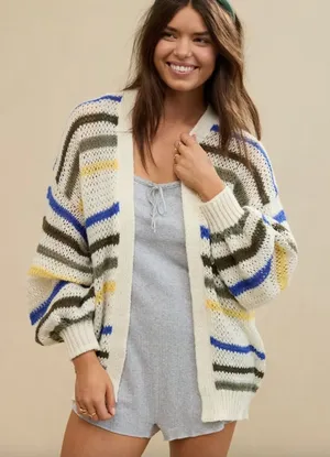 Aerie Slouchy Cardigan Sweater Medium White Multi Stripe Open Knit Boho Oversize thumbnail 1