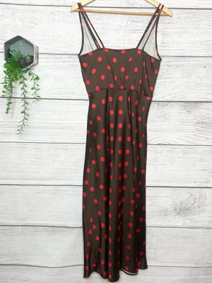 ZARA Brown & Red Polka Dot Sleeveless Midi Slinky Satin Slip Dress Size Small thumbnail 11