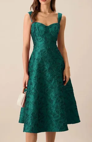 Rihoas Green Sweetheart Neck Jacquard Midi Dress thumbnail 1