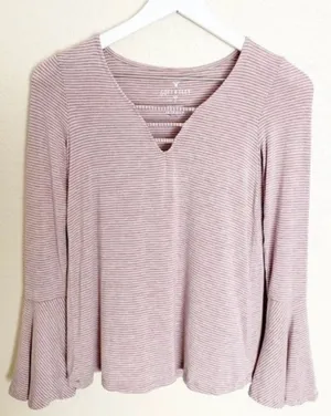 American Eagle Flare Sleeve Striped Top XS Boho Chic Fairy Grunge Coquette Pink‎ thumbnail 1