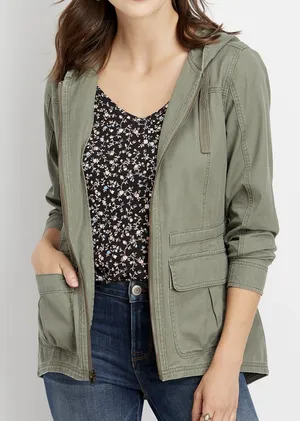 Maurices Anorak Jacket Solid Olive Green Hooded Utility Outdoors thumbnail 1