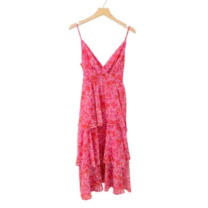 Lulus Adorable Obsession Pink Floral Print Lurex Tiered Midi Dress size L NWT thumbnail 5