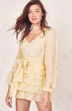 LoveShackFancy Dress Rina Silk Metallic Star Ruffle Mini Sunmer Sunflower 2 EUC thumbnail 10