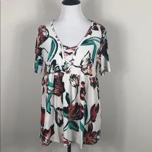 Floral Lace Up Babydoll Top Short Sleeve V Neck Stretch Blouse Size Small thumbnail 4