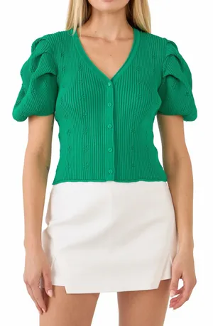 Endless Rose Puff Sleeve Green Cardigan Small thumbnail 1