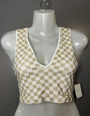 Free People Bralette Bra Womens M-L White Gold Check Knit Glitter Crop Top thumbnail 1