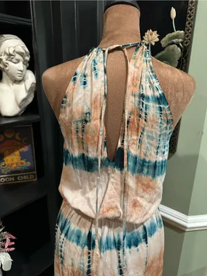 Blue Life Double Slit Halter Dress – Tan & Blue Tie Dye – Size Small thumbnail 7