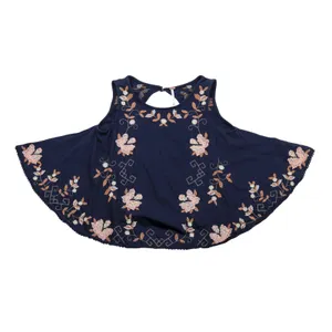 Free People Embroidered Swing Tank Top Women XS Navy Blue Floral Open Back Boho thumbnail 6