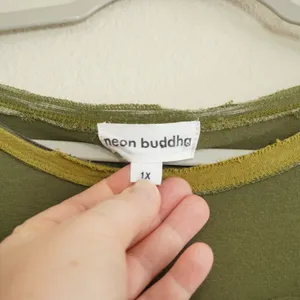 Neon Buddha 1X Tunic Top Green Striped Raw Edge Cotton Pocket Lagenlook Indie thumbnail 4