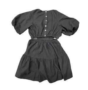 Madewell Seersucker Puff-Sleeve Cutout Mini Dress in Black size Medium thumbnail 7