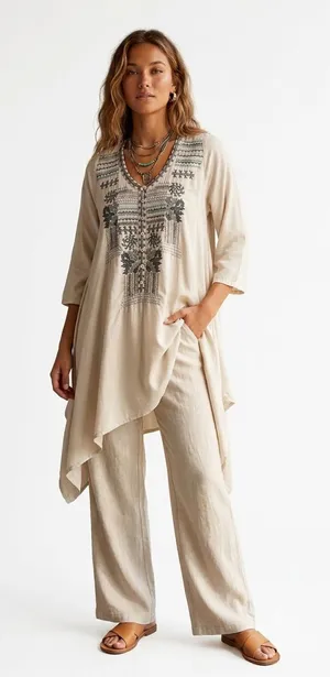 BIYA by Johnny Was Oversized Silk Embroidered Asymmetrical Hem Tunic Dress SZ M thumbnail 1