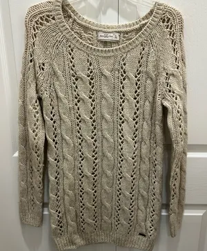 Abercrombie & Fitch Women’s Long Beige Cable Knit Sweater Medium thumbnail 1