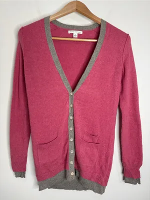 Banana Republic Cashmere Wool Raspberry V-neck Button-down Cardigan Grey Trim S thumbnail 1