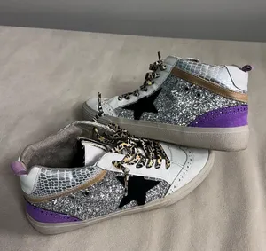 ⭐ Shu Shop Glitter Star High Top Sneakers 🐆💜 Leopard Laces • Purple Suede Size 9 thumbnail 1