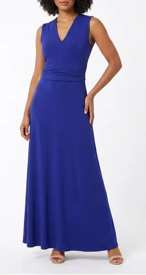 Vince Camuto Royal Blue V-Neck Sleeveless Ruched Maxi Dress Small thumbnail 1