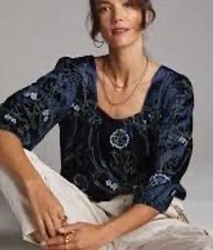 Anthropologie Navy Blue‎ Velvet Floral Embroidered Square Neck Blouse M thumbnail 1
