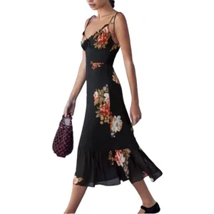Reformation Dress Womens 12 Black Floral Juliette Tie Strap Ruffle Midi‎ Viscose thumbnail 2