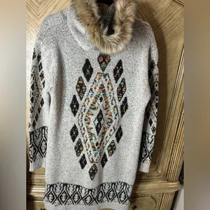 Northern angle ON BLUE AZTEC LONG CARDIGAN fur hooded SWEATER WESTERN BOHO.SZ L thumbnail 11
