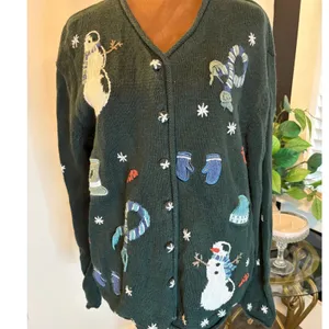 Ugly Christmas Sweater Cardigan Womens XL Green Snowman Mittens Scarf Poinsettia thumbnail 2