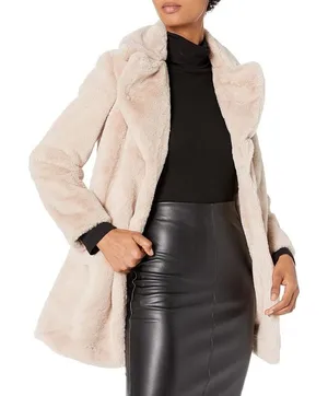 Rachel Rachel Roy Women Beige Faux‎ Fur Notch Lapel Snap Front Coat Medium thumbnail 1